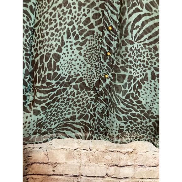 Hoss Intropia Top Womens 38 Medium Teal Green Animal Print Semi Sheer Ruffles - Picture 6 of 13